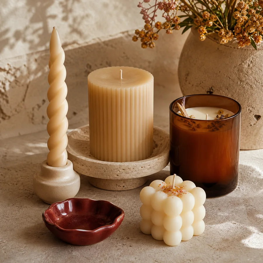Colección de velas artesanales en distintos formatos