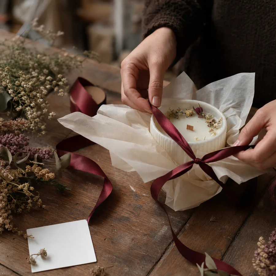 Preparación artesanal de una vela para regalo con lazo granate
